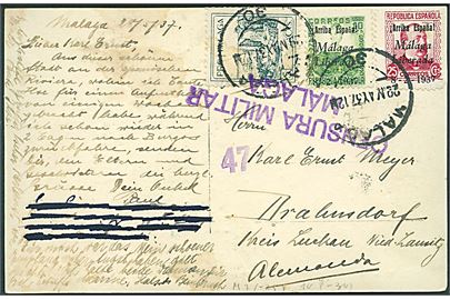 10 cts. og 25 ct. Malaga lokal udg., samt velgørenheds udg. på brevkort fra Malaga d. 29.5.1937 til Brahnsdorf, Tyskland. Lokal censur fra Malaga.