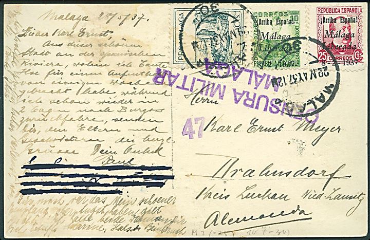 10 cts. og 25 ct. Malaga lokal udg., samt velgørenheds udg. på brevkort fra Malaga d. 29.5.1937 til Brahnsdorf, Tyskland. Lokal censur fra Malaga.