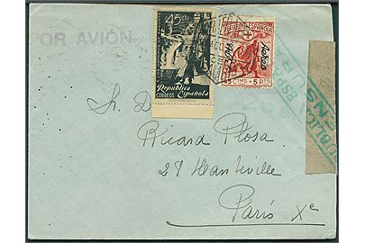45 cts. og 45 cts + 5 pts. Røde Kors luftpost provisorium på luftpostbrev fra Barcelona d. 2?.8.1938 til Paris, Frankrig. Åbnet af spansk censur.