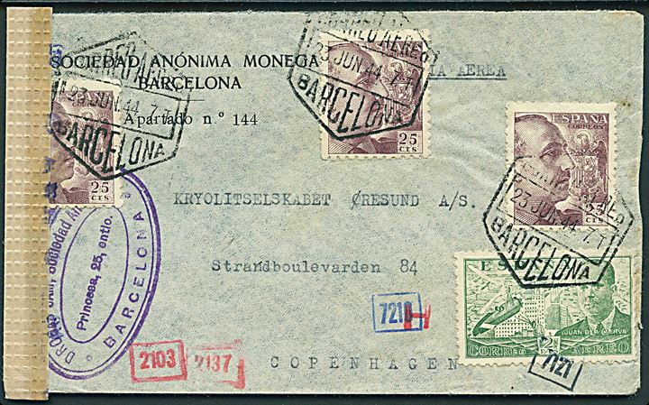 25 cts. Franco (3) og 2 pta. Luftpost på luftpostbrev fra Barcelona d. 23.6.1944 til København, Danmark. Spansk censur fra Barcelona og åbnet af tysk censur.