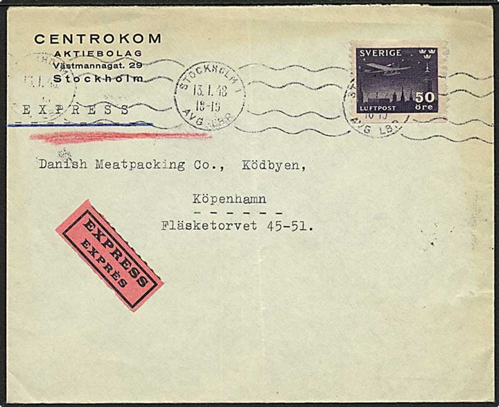 50 öre Nattflyg single på ekspresbrev fra Stockholm d. 13.1.1948 til Kødbyen, København.