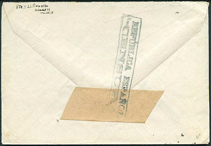 3,75 pts. blandingsfrankeret luftpostbrev fra Madrid d.  6.1.1939 til København, Danmark. Åbnet af spansk censur i Madrid.