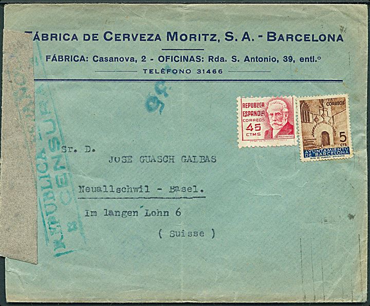 45 cts. og 5 ct. Velgørenhed på brev fra Barcelona 1937 til Basel, Schweiz. På bagsiden velgørenhedsmærke. Åbnet af spansk censur.