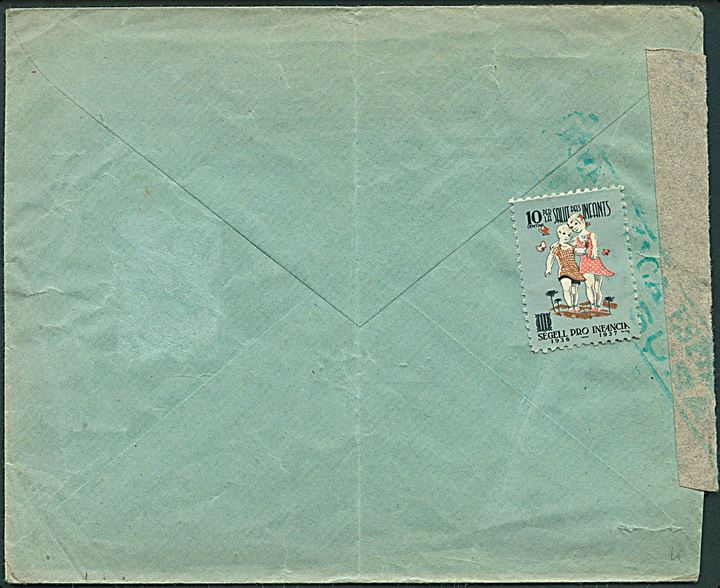 45 cts. og 5 ct. Velgørenhed på brev fra Barcelona 1937 til Basel, Schweiz. På bagsiden velgørenhedsmærke. Åbnet af spansk censur.