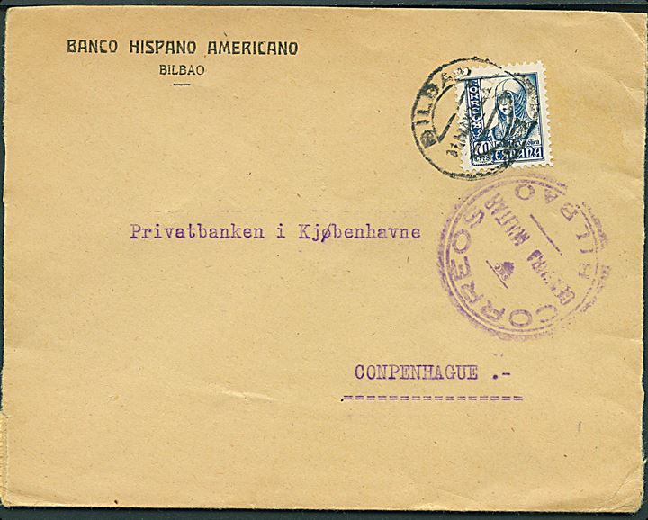 70 cts. Isabel single på brev fra Bilbao d. 31.5.1938 til København, Danmark. Lokal spansk censur fra Bilbao.