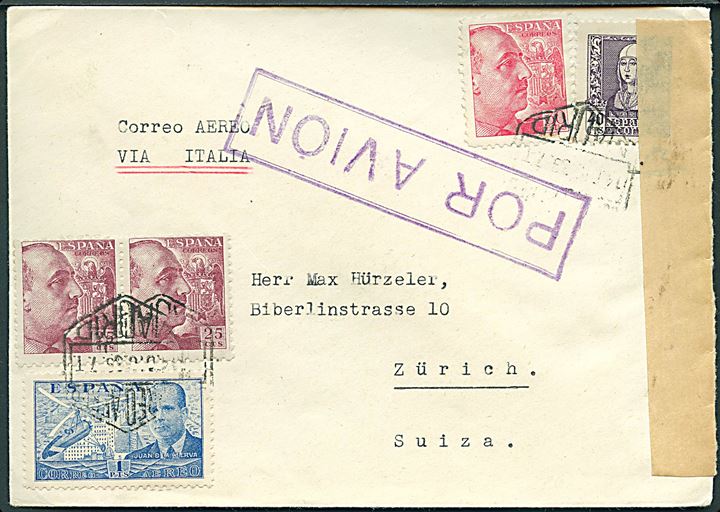 30 cts., 25 cts. (par) Franco, 40 cts. Isabel og 1 pts. Luftpost på luftpostbrev fra Madrid d. 14.12.1939 til Zürich, Schweiz. Påskrevet via Italia. Åbnet af lokal spansk censur i Madrid.