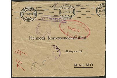 Ufrankeret finsk feltpostbrev stemplet Kennttäposti Konttori Nr. 1 d. 25.7.1942 til Malmö, Sverige. Violet Fältpost F. og finsk censur. Bagklap mangler.