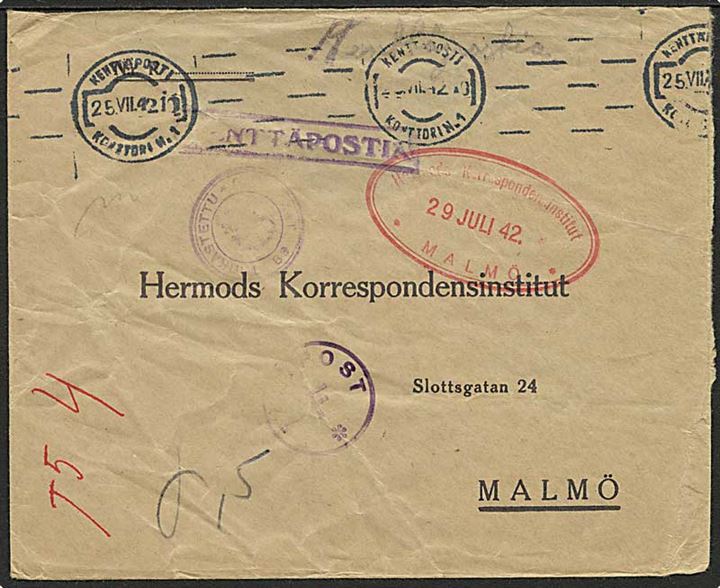 Ufrankeret finsk feltpostbrev stemplet Kennttäposti Konttori Nr. 1 d. 25.7.1942 til Malmö, Sverige. Violet Fältpost F. og finsk censur. Bagklap mangler.