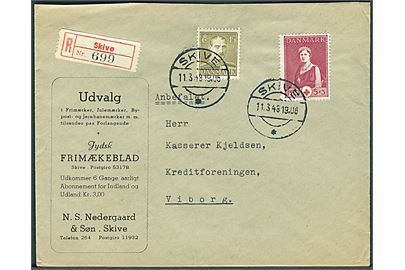 5+3 øre Røde Kors og 45 øre Chr. X på anbefalet brev fra Skive d. 11.3.1948 til Viborg.