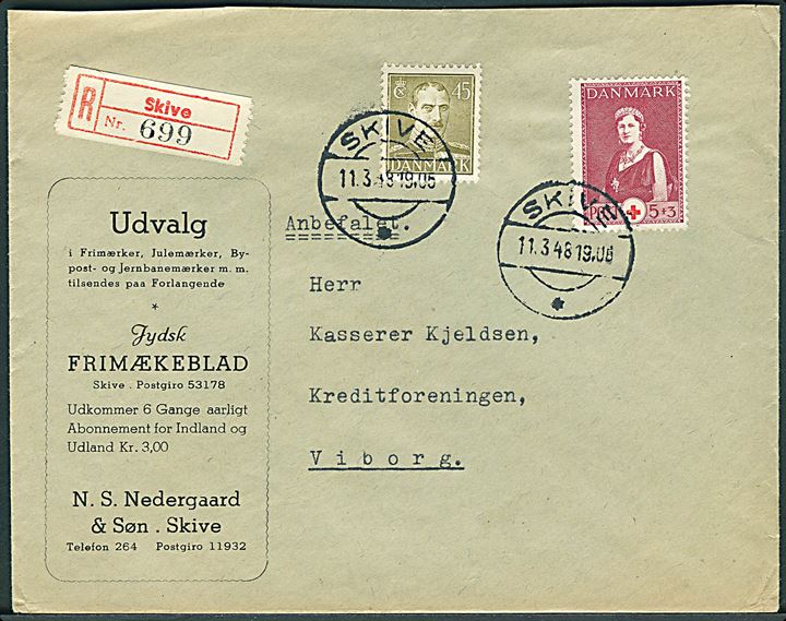5+3 øre Røde Kors og 45 øre Chr. X på anbefalet brev fra Skive d. 11.3.1948 til Viborg.