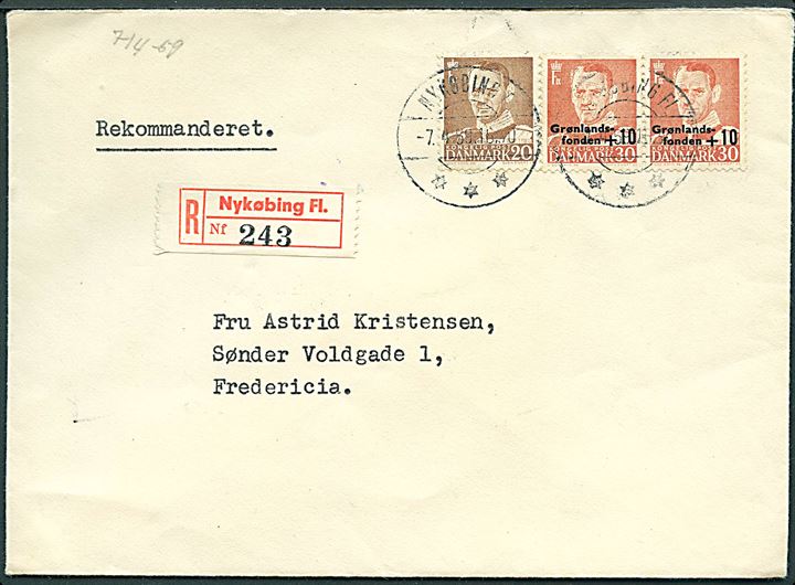 20 øre Fr. IX og 30+10 øre Grønlandsfonden i parstykke på anbefalet brev fra Nykøbing Fl. d. 7.4.1959 til Fredericia.