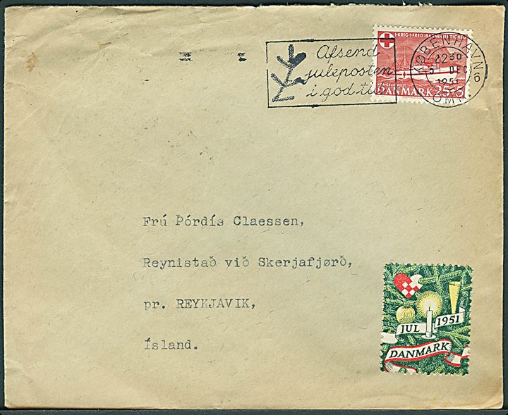 25+5 øre Jutlandia single på brev fra København d. 5.12.1951 til Reynistad ved Skerjafjørd pr. Reykjavik, Island. Påsat Julemærke 1951.