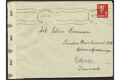 20 øre Løve på brev fra Horten d. 3.7.1945 til Odense, Danmark. Åbnet af norsk efterkrigscensur no. 667. På bagsiden hvid Postoblat.