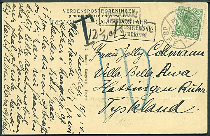 5 øre Chr. X på underfrankeret brevkort (Raageleje) annulleret med brotype Ia Græsted JB.P.E. d. 15.7.1914 til Hattingen, Tyskland. Rammestempel Utilstrækkelig frankeret og udtakseret i 10 pfg. tysk porto.