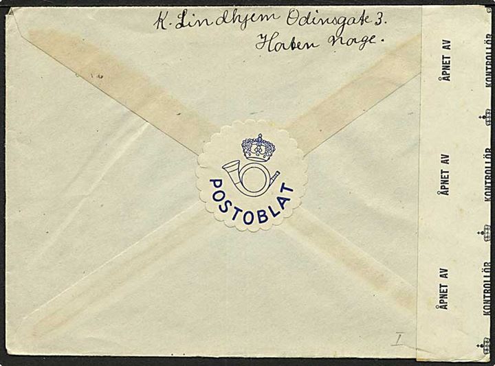 20 øre Løve på brev fra Horten d. 3.7.1945 til Odense, Danmark. Åbnet af norsk efterkrigscensur no. 667. På bagsiden hvid Postoblat.