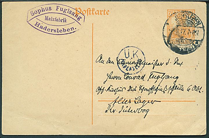 7½ pfg. Germania helsagsbrevkort fra Hadersleben d. 7.9.1917 til militæradresse i Jüterborg. Lokal censur Ü.K. Hadersleben.