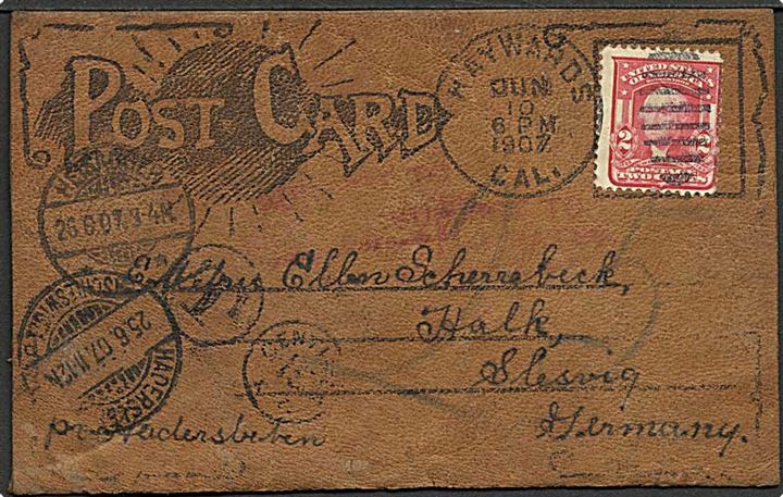 Amerikansk 2 cents Washington single på underfrankeret læder brevkort fra Haywards Cal. d. 10.6.1907 til Halk pr. Hadersleben i Nordslesvig. Transit stemplet både Hadersleben og Heisagger. Udtakseret i 25 pfg. tysk porto. 
