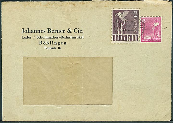 40 pfg. og 2 mk. på Zehnfach frankeret rudekuvert fra Böblingen d. 22.6.1948.