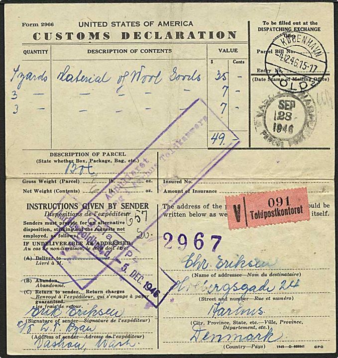 Amerikansk tolddeklaration for pakke fra Washington d. 28.9.1946 via København Told til Aarhus. Påsat værdi-pakke register-nr. fra Toldpostkontoret.