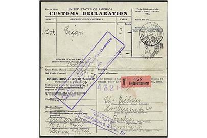 Amerikansk tolddeklaration for pakke fra Washington d. 7.10.1946 via København Told til Aarhus. Påsat værdi-pakke register-nr. fra Toldpostkontoret.