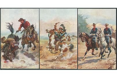 Harry Payne: 6 indianer og soldater postkort. The Wild West, U. S. A. no. 9532, serie II. Raphael Tuck & Sons Oilette. Wide - Wide - World. 