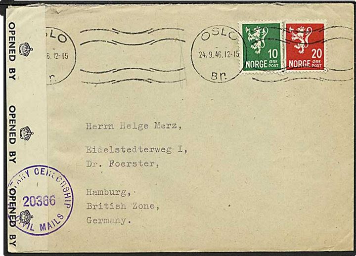 10 øre og 20 øre Løve udg. på brev fra Oslo d. 24.9.1946 til Hamburg, Tyskland. Åbnet af britisk efterkrigscensur i Tyskland.