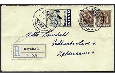 1 kr. Luftpost og 5 aur Torsk i parstykke på anbefalet brev fra Reykjavik d. 21.2.1948 til København, Danmark.
