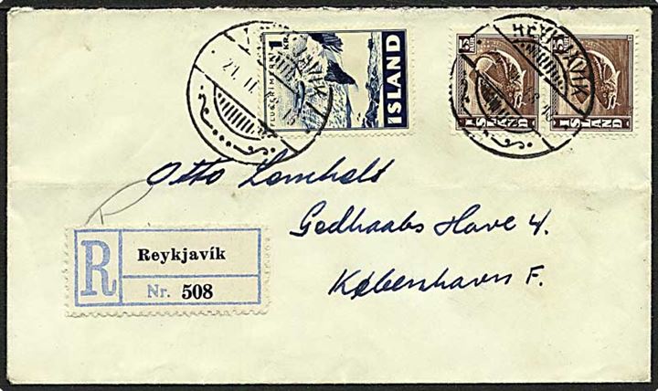 1 kr. Luftpost og 5 aur Torsk i parstykke på anbefalet brev fra Reykjavik d. 21.2.1948 til København, Danmark.