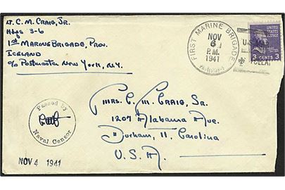 3 cents Jefferson på feltpostbrev stemplet First Marine Brigade Provisional / U.S.Marines Iceland d. 6.11.1941 til Durham, USA. Sort flåde censur: Passed by Naval Censor. Klippet i højre side.