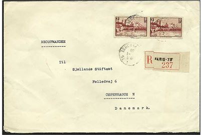 3 fr. Avignon i parstykke på anbefalet brev fra Paris d. x.1.1939 til København, Danmark. På bagsiden laksegl fra den danske legation i Paris.