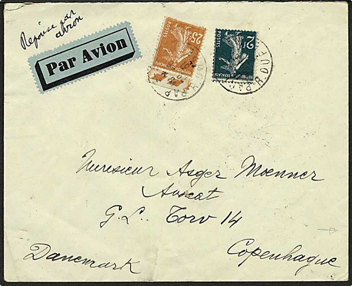 25 c. og 2 fr. Såerske på luftpostbrev fra Paris d. 29.6.1931 til København, Danmark. På bagsiden stemplet København Luftpost sn1