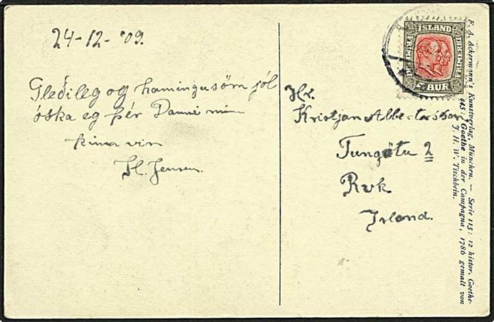 4 aur To Konger single på lokalt brevkort i Reykjavik d. 24.12.1909. Svagt stempel.