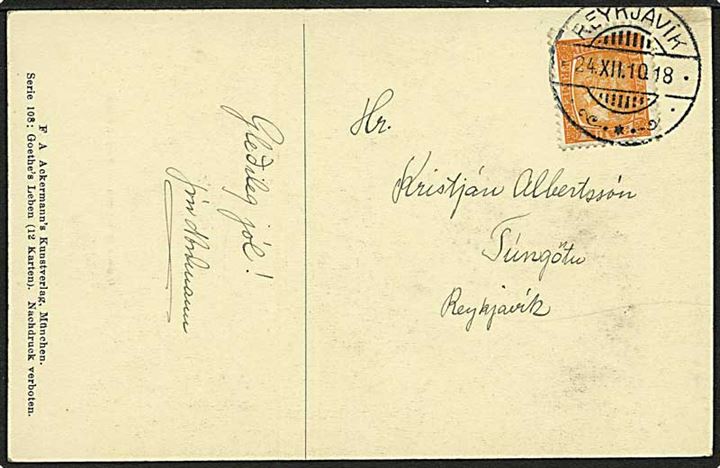 3 aur Chr. IX single på lokal brevkort sendt som tryksag i Reykjavik d. 24.12.1910. 
