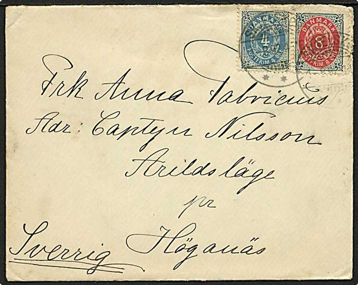 4 øre og 8 øre Tofarvet på 12 øre frankeret brev fra Skelskjør d. 1.8.1892 til Höganäs, Sverige.