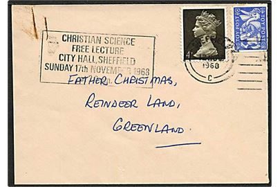 4d Elizabeth og blåt Toy Post mærkat på brev fra Sheffield d. 12.11.1968 til Julemanden, Reindeer Land, Greenland.