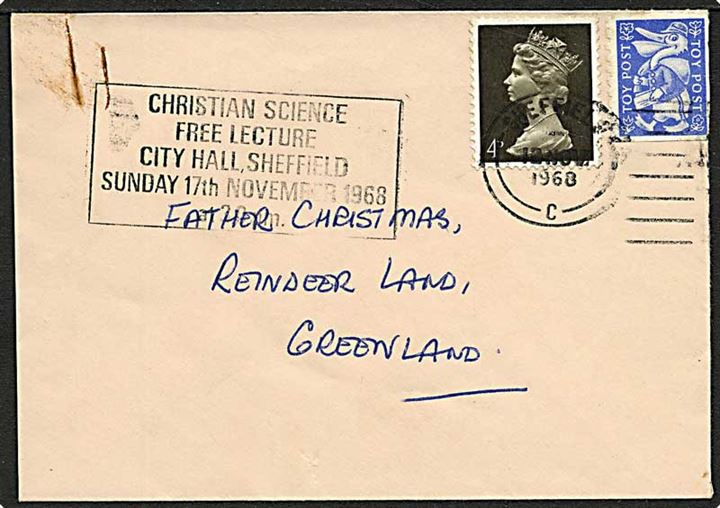 4d Elizabeth og blåt Toy Post mærkat på brev fra Sheffield d. 12.11.1968 til Julemanden, Reindeer Land, Greenland.
