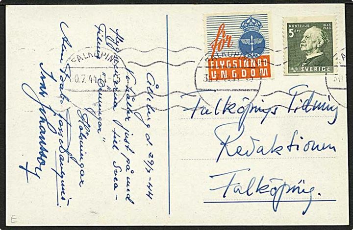 5 öre Montelius og KSAK / för Flygsinnad Ungdom mærkat på brevkort fra Falköping d. 30.7.1944 til Falköping Tidning. Vedr. optagelser af flyve-scener til film.