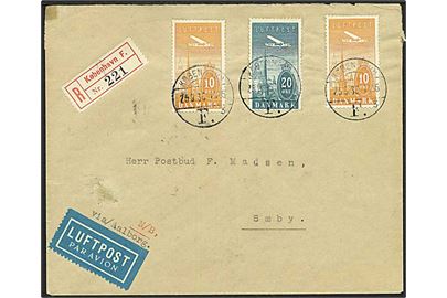 10 øre gul og 20 øre blågrøn ny luftpost på Rec. luftpost brev fra København d. 25.9.1936 til Sæby via Aalborg.