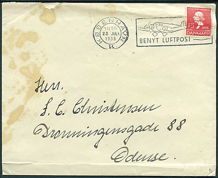15 øre H. C. Andersen på brev fra Sukkertoppen d. 8.7.1938 stemplet København d. 23.7.1938 til Odense. På bagsiden ovalt stempel (krone) / Grønlands Styrelse. Lidt nusset.