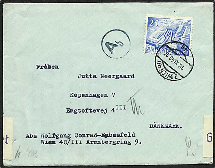 25 pfg. Leipzig Messe single på brev fra Wien d. 18.11.1940 til København, Danmark. Åbnet af tysk censur i Berlin.