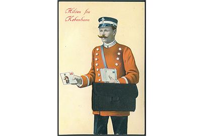 Postbud med taske Hilsen fra København med 10 miniature-prospekter. Stenders no. 31882. 
