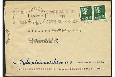 10 øre Løve i parstykke på brev fra Oslo d. 29.12.1942 til Stockholm, Sverige. Åbnet af tysk censur i Oslo.