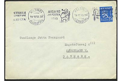 25 mk. Løve udg. single på brev annulleret med TMS Avsand Julposten i Tid / Helsinki d. 19.12.1953 til København, Danmark.
