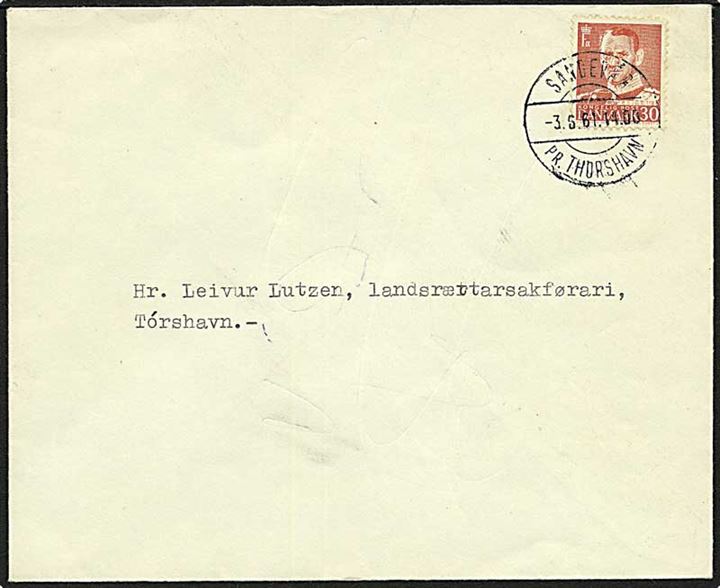 30 øre Fr. IX på brev annulleret med pr.-stempel Sandevåg pr.-Thorshavn d. 3.6.1961 til Tórshavn.