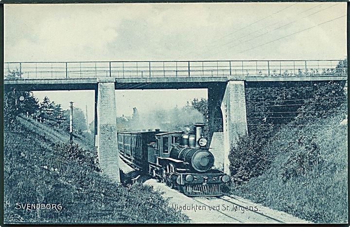 Svendborg, St. Jørgens viadukten med lokomotiv. Stenders no. 3709. Kvalitet 9
