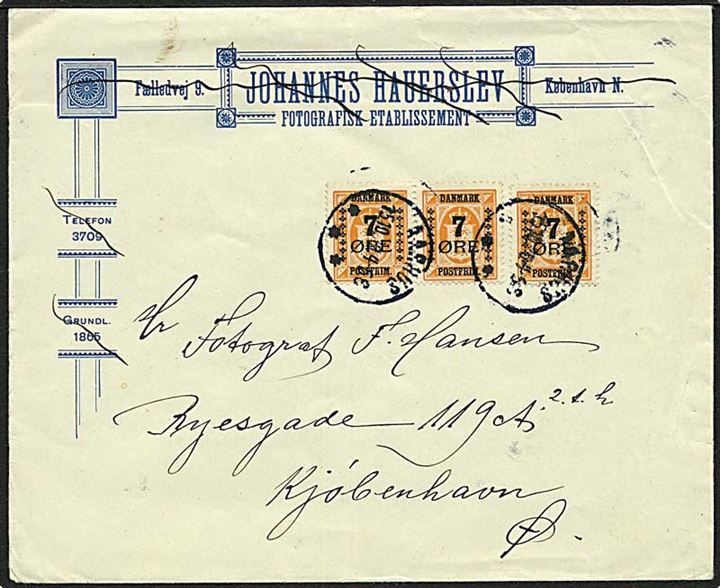 7/1 øre Provisorium i 3-stribe på brev fra Aarhus d. 15.10.1926 til København.