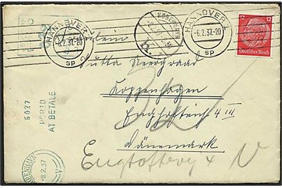 Tysk 12 pfg. Hindenburg på underfrankeret brev fra Hannover d. 6.2.1937 til København, Danmark. 32 øre grønt-portomaskinstempel fra København V.