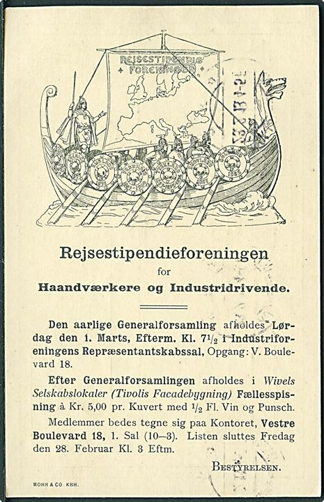 Vikingskib. Haandværkere og industridrivende rejsestipendieforening. Mohn u/no. 5 øre Fr. VIII helsagsbrevkort stemplet Kjøbenhavn d. 23.2.1913 til Fredericia.