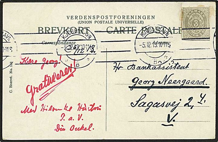 3 øre helsagsafklip som frankering på lokalt brevkort i København d. 5.12.1913.