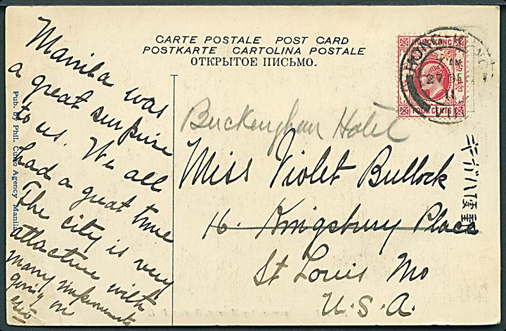 4 cents Edward VII på brevkort (Hundemarket i Igorrote, Baguio, Filippinerne) stemplet Hong Kong d. 27.12.1911 til St. Louis, USA.